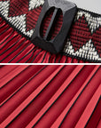 DOINDULGE Red Pleated Wide-Leg Skirt with Geometric Woven Waistband and Statement Buckle