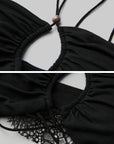 DOINDULGE Lace Strapless Crop Top with Beaded Halter Detail