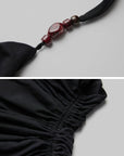 DOINDULGE Draped Halter Tank with Bead Detail and Asymmetric Ruched Cut-Out