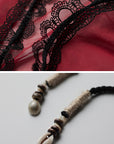 DOINDULGE Crimson Sheer Drape Jacket with Lace Trim and Beaded Tassels