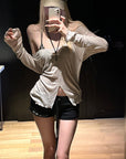 Rase le sol Sheer Ribbed Deep-V Long Sleeve Top