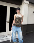 0122stepll Haut corset dos nu à bretelles camouflage