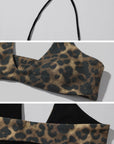 ROVENTE Deep V Black Top with Leopard Bra and Leopard Print Shorts Set