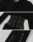 ROVENTE Structured Shoulder Lace Corset Mini Dress with Pointed Collar & Flap Pockets