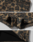 ROVENTE Deep V Black Top with Leopard Bra and Leopard Print Shorts Set