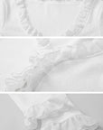 DreamyNerd Rosette Lace-Up Cardigan & Ruffle Mini Skirt Set – Ivory Whimsy