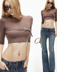 IAMXIAA Buckle Strap Cropped Three-Quarter Sleeve Top