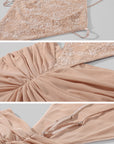 ROVENTE Embellished Lace Open Back Ruched Mesh Maxi Dress