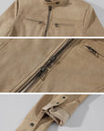 Hydrae Sand Suede Moto Cropped Jacket with Sculpted Paneling and Metal Zip Details