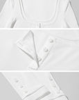 WARDEN EDGE Layered Effect Long Sleeve Top Square Neck Button Detail Tee