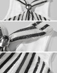 ROVENTE Striped Sequin Mini Dress with Metal Brooch Detail - PINKPARKS