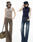 IAMXIAA Retro Slim-Fit Turtleneck Sleeveless Wool Knit Top with Ribbed Hem