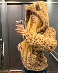 Rase le sol Leopard Plush Zip-Up Jacket with Sculpted Waist & Ear-Detail Hood