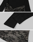 Hydrae Lace Contrast Ruched Bust Long Sleeve Top With Sheer Floral Texture