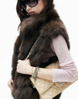 IAMXIAA Chocolate Brown Oversized Collar Fox Fur Sleeveless Vest