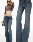 IAMXIAA Low-Rise Eyelet Pocket Distressed Flared Denim Jeans with Vintage Wash