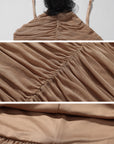 ROVENTE Ruched Mesh Maxi Dress with Detachable Floral Brooch and Flowing Hem