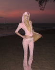 Rase le sol Pink Printed Hooded Fitted Zip Hoodie and Low-Rise Flared Pants Set