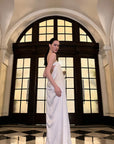 0122stepll Robe longue bustier en satin dos nu