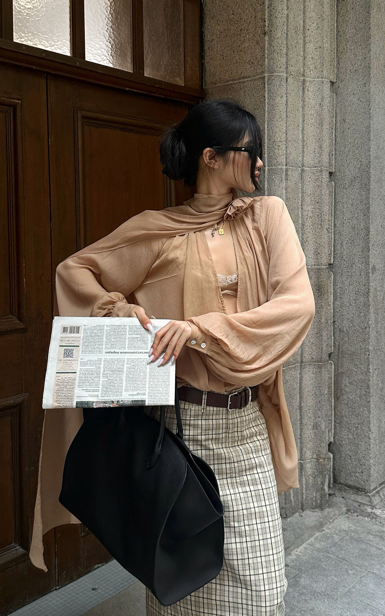 ROVENTE Draped Scarf Blouse with Flower Detail