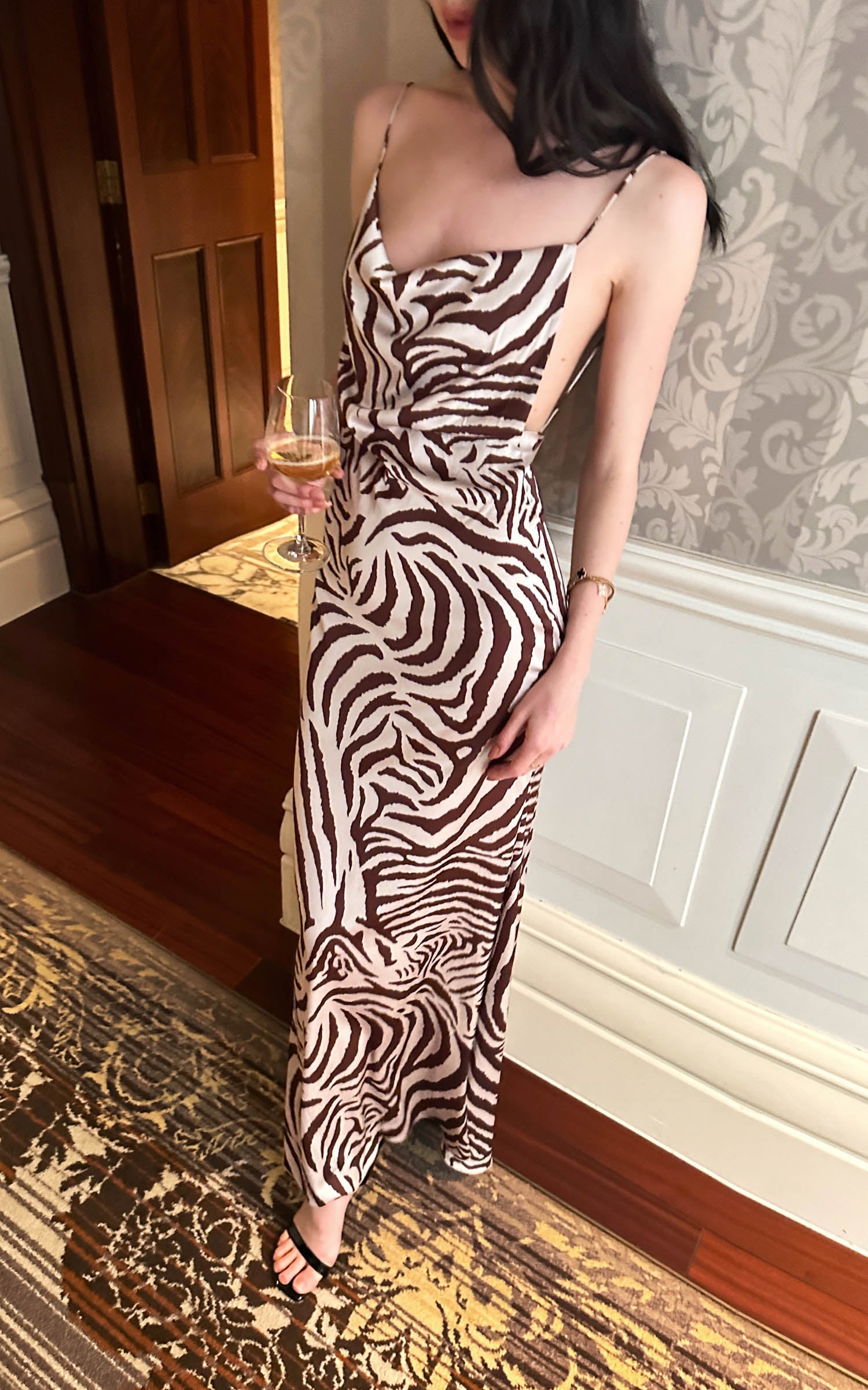 0122stepll Zebra Satin Backless Maxi Dress S / KR 55 / JP 7 / US 2 / Brown Zebra