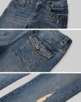 IAMXIAA Low-Rise Eyelet Pocket Distressed Flared Denim Jeans with Vintage Wash