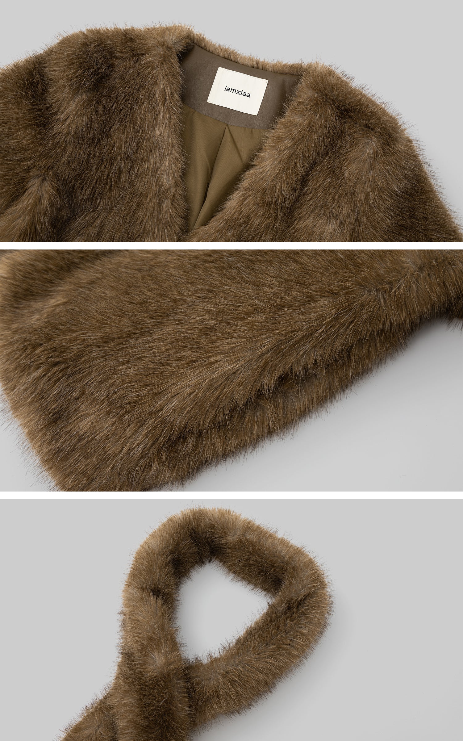 IAMXIAA Faux Fur Short Jacket with Attached Scarf Women Winter Plush Coat