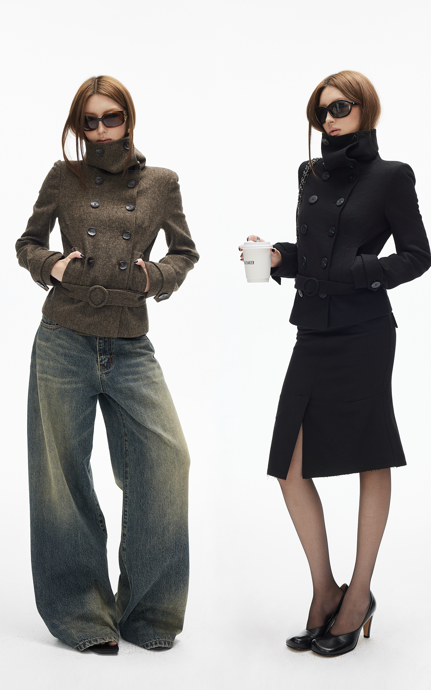 IAMXIAA Wool-Like High Neck Belted Double-Breasted Jacket