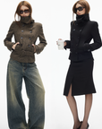 IAMXIAA Wool-Like High Neck Belted Double-Breasted Jacket