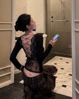Hydrae Lace-Up Open-Back Top & Asymmetric Plaid Skirt Set