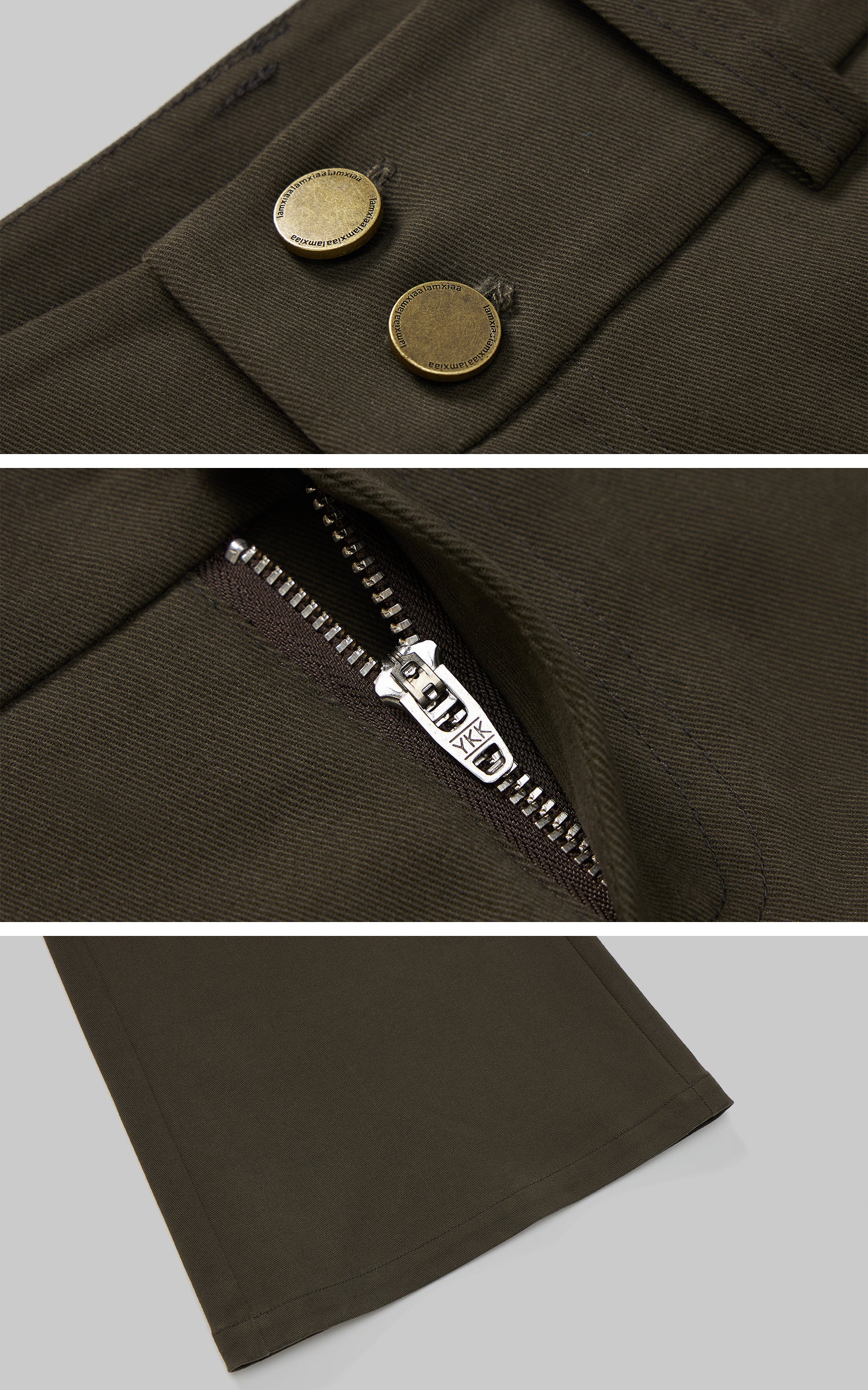 IAMXIAA Flared Casual Pants with Double Button Waist in Olive Green