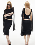 IAMXIAA Sheer Ribbed Knit Cape Sleeve Open Back Cropped Top