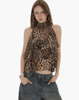 IAMXIAA 레오파드 프린트 러플 탱크탑 홀터넥 시스루 레이어드 베스트