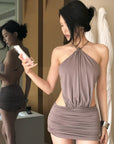 Hydrae Ruched Backless Halter Mini Dress