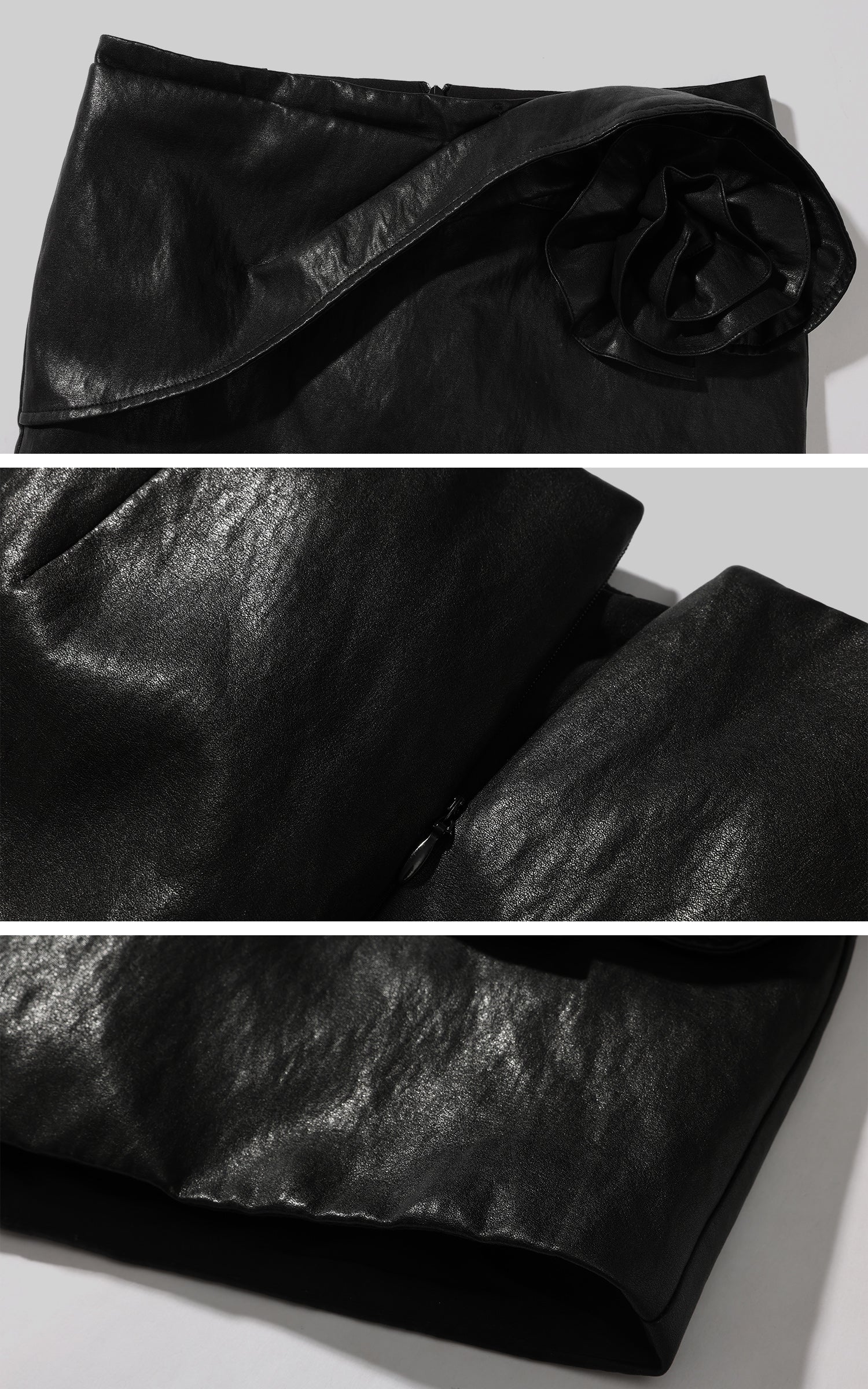 ROVENTE Faux Leather Mini Skirt with Draped Rose Detail