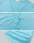 IAMXIAA Ruched V-Neck Button Front Slim Fit Short Sleeve Stretch Tee