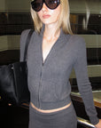 0122stepll High-Neck Zip Knit Cardigan & Foldover Wide-Leg Pants Set