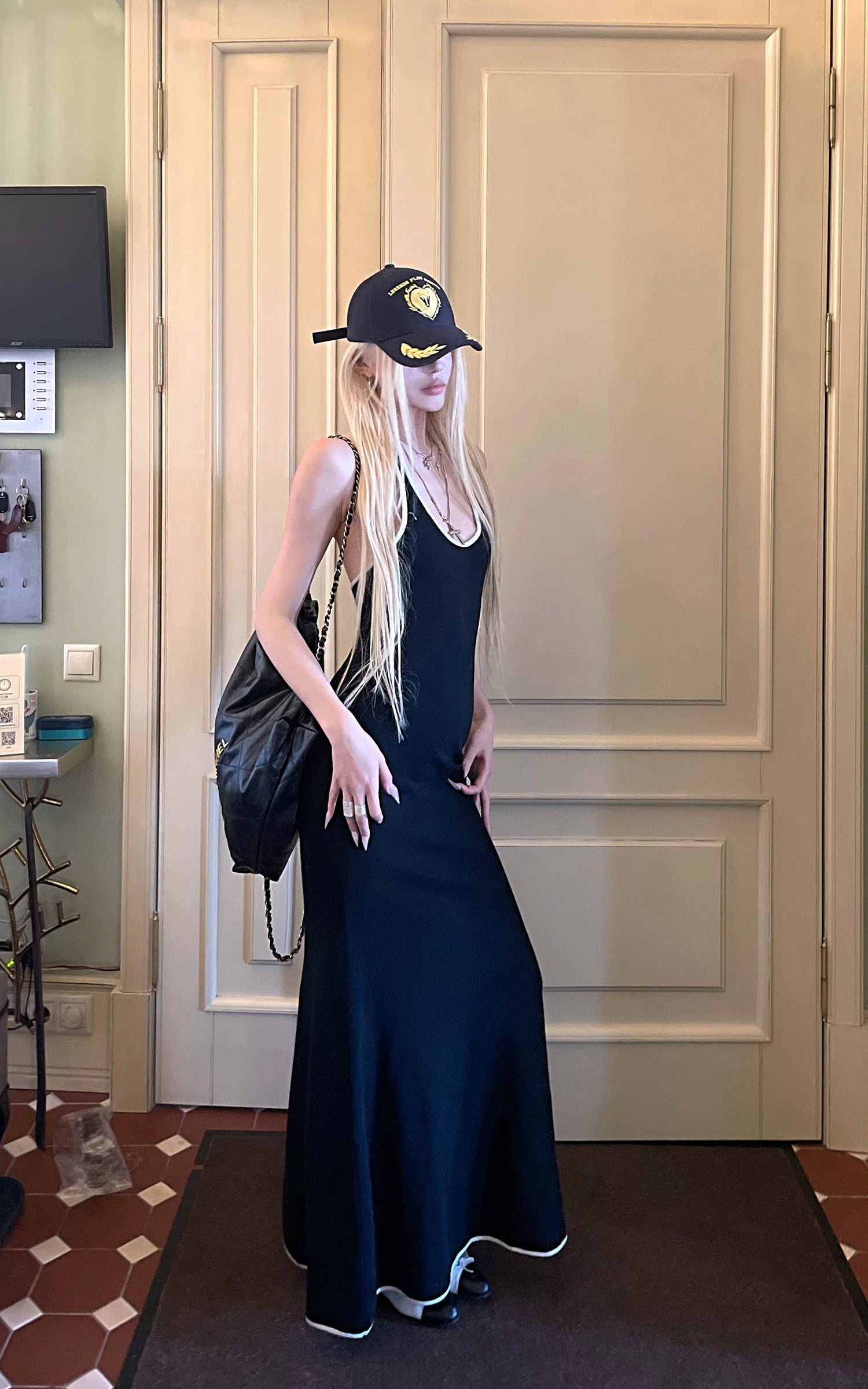 Rase le sol Open-Back Knit Maxi Dress with Contrast Piping