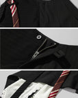 WARDEN EDGE Asymmetric Pinstripe Mini Skirt with Tie Detail and Lace Trim