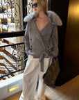 0122stepll Plush Wool Collar Belted Knit Jacket