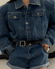 WARDEN EDGE Blue Denim Shoulder-Pad Romper - PINKPARKS