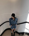 WARDEN EDGE Blue Denim Shoulder-Pad Romper - PINKPARKS