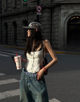 WARDEN EDGE Oversized Denim Trousers with Plaid Dual Waistband Design - PINKPARKS