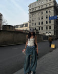 WARDEN EDGE Oversized Denim Trousers with Plaid Dual Waistband Design - PINKPARKS