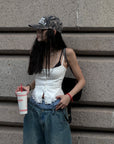 WARDEN EDGE Oversized Denim Trousers with Plaid Dual Waistband Design - PINKPARKS
