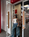 WARDEN EDGE Oversized Denim Trousers with Plaid Dual Waistband Design - PINKPARKS