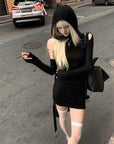 Rase le sol Black Knit Dress with Hood - PINKPARKS
