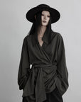 DOINDULGE Draped Wrap Shirt with Asymmetric Tie Waist