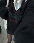 WARDEN EDGE Oversized V-Neck Sweater with Retro Lettering - PINKPARKS