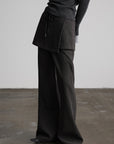 DOINDULGE Pinstripe Wide-Leg Pants with Apron Overlay and Drawstring Waist